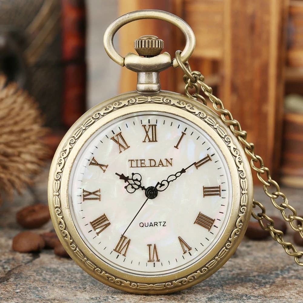 Vintage Style Shell Open Face NEW Opal Gold Numerals Pocket Watch Pendant